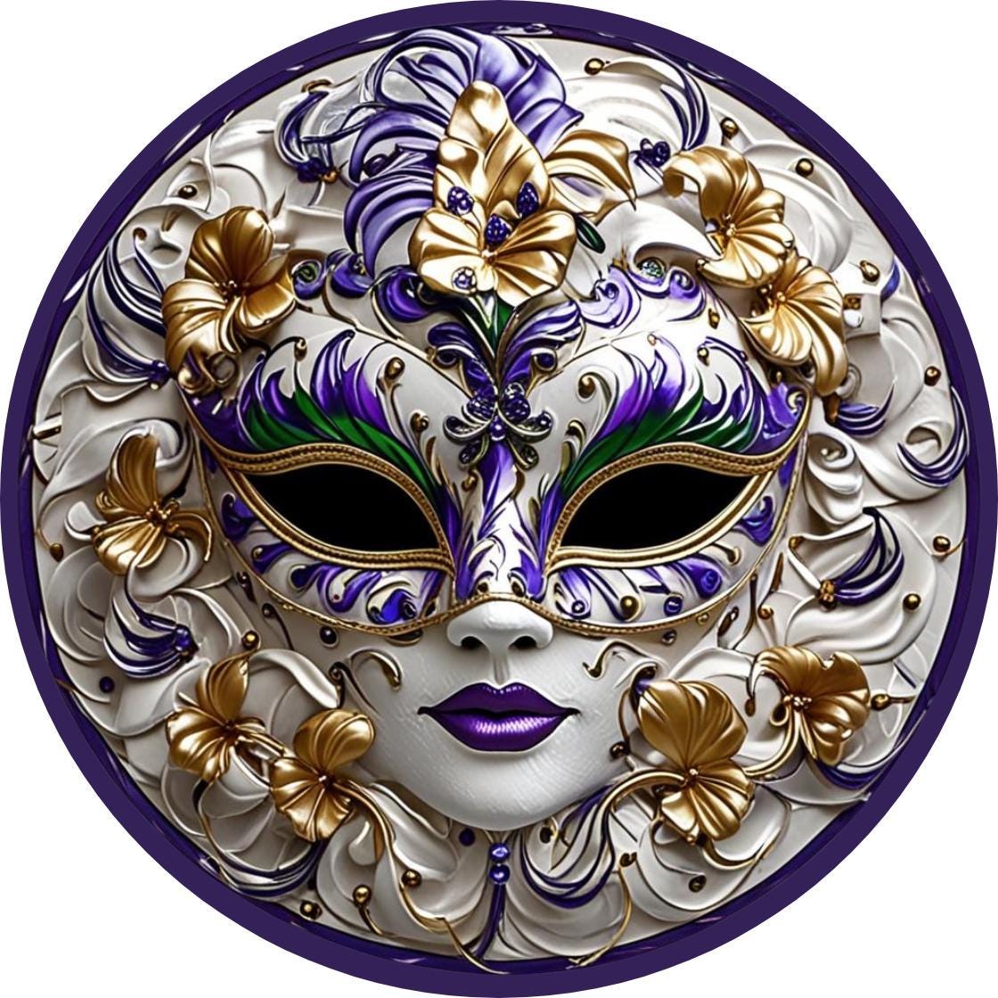Mardi Gras Mask Wreath Sign, Colorful New Orleans Fat Tuesday Celebration Decorations, Purple Gold Jeweled Mask Wall Decor, Metal Round Sign