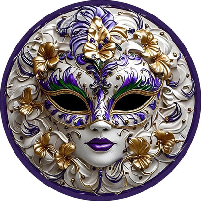 Mardi Gras Mask Wreath Sign, Colorful New Orleans Fat Tuesday Celebration Decorations, Purple Gold Jeweled Mask Wall Decor, Metal Round Sign