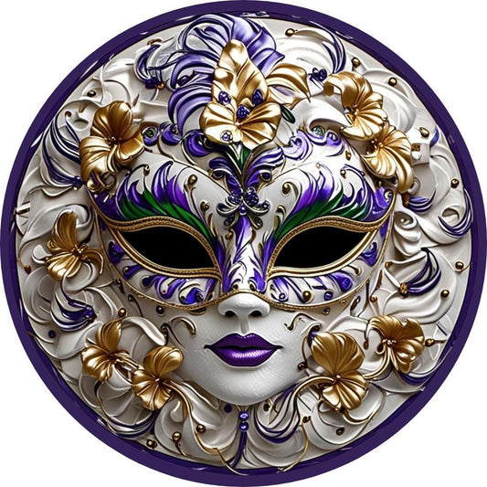 Mardi Gras Mask Wreath Sign, Colorful New Orleans Fat Tuesday Celebration Decorations, Purple Gold Jeweled Mask Wall Decor, Metal Round Sign