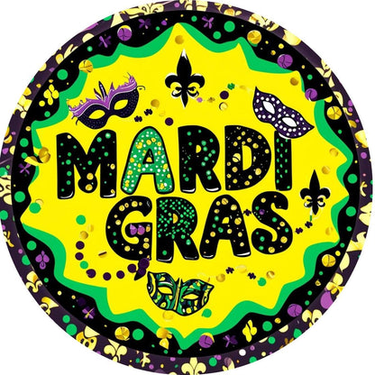 Mardi Gras Celebration Wreath Sign, Colorful New Orleans Fat Tuesday Decorations, Purple Gold Green Wall Decor, Metal Round Sign