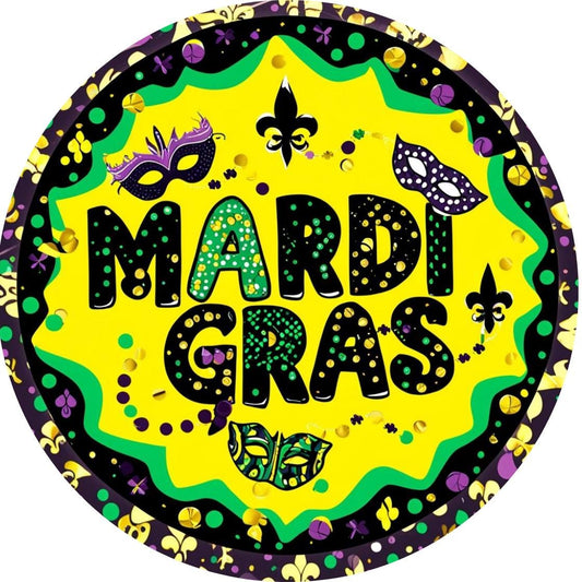 Mardi Gras Celebration Wreath Sign, Colorful New Orleans Fat Tuesday Decorations, Purple Gold Green Wall Decor, Metal Round Sign