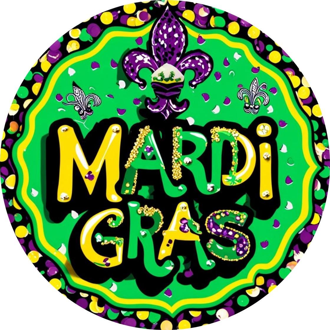 Mardi Gras Fleur de Lis Wreath Sign, Colorful New Orleans Fat Tuesday Celebration Decorations, Purple Green Wall Decor, Metal Round Sign