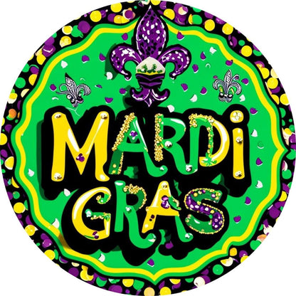 Mardi Gras Fleur de Lis Wreath Sign, Colorful New Orleans Fat Tuesday Celebration Decorations, Purple Green Wall Decor, Metal Round Sign
