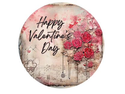 Happy Valentine's Day Red Rose Bouquet Round Metal Wreath Sign, Sign for DIY Crafting, Wreath Supplies Valentine Wall Decorations