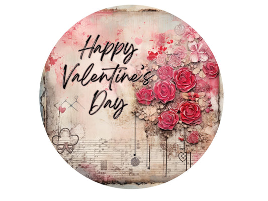 Happy Valentine's Day Red Rose Bouquet Round Metal Wreath Sign, Sign for DIY Crafting, Wreath Supplies Valentine Wall Decorations