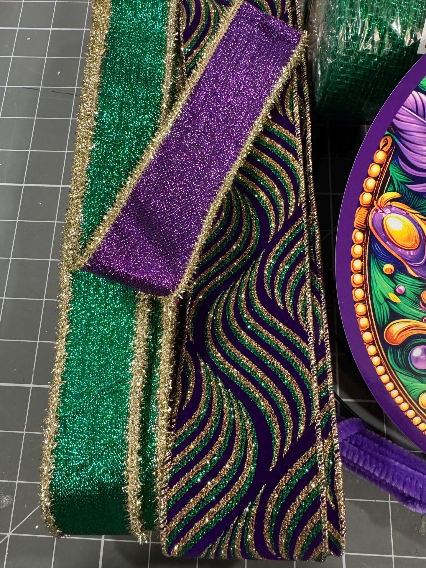 Designer Mardi Gras wreath kit, deco mesh DIY wreath kit, sign & luxury ribbon kit, make your own wreath, Mardi Gras craft supplies