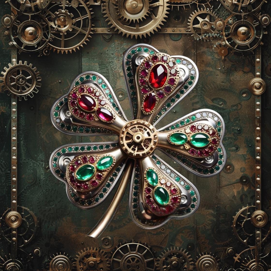 Steampunk St Patrick's Day Jeweled Shamrock Metal Art Sign, Celtic Clover Victorian Gears Square Wreath Sign, Irish Wall Decor