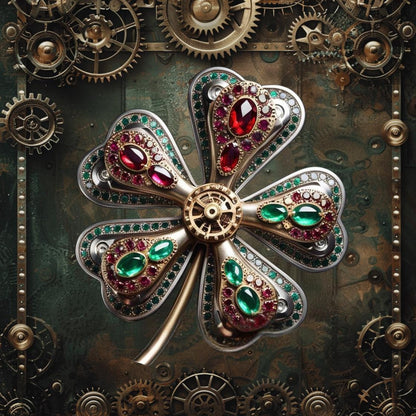 Steampunk St Patrick's Day Jeweled Shamrock Metal Art Sign, Celtic Clover Victorian Gears Square Wreath Sign, Irish Wall Decor