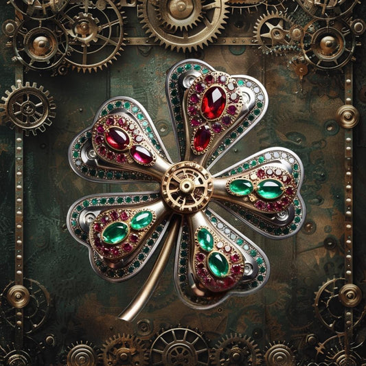 Steampunk St Patrick's Day Jeweled Shamrock Metal Art Sign, Celtic Clover Victorian Gears Square Wreath Sign, Irish Wall Decor