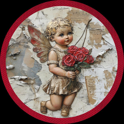 Valentine's Day Cupid with Red Roses Round Metal Wreath Sign, Sign for DIY Crafting, Snowy Winter Valentine Decoration, Angelic