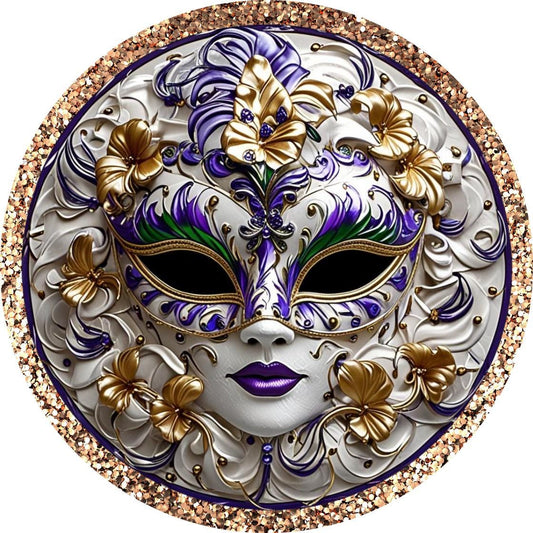 Mardi Gras Mask Wreath Sign, Colorful New Orleans Fat Tuesday Celebration Decorations, Jeweled Mask Wall Decor, Aluminum Round Sign
