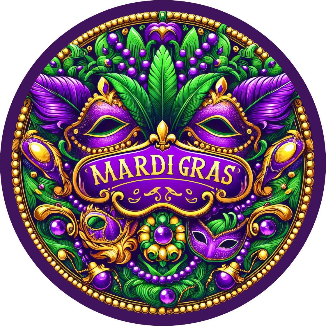 Mardi Gras Mask Wreath Sign, Colorful New Orleans Fat Tuesday Celebration Decorations, Purple Gold Green Wall Decor, Metal Round Sign