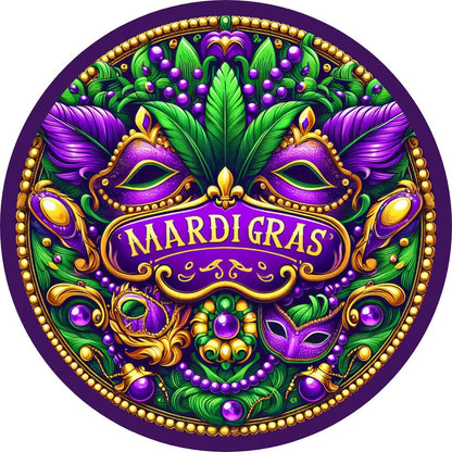 Mardi Gras Mask Wreath Sign, Colorful New Orleans Fat Tuesday Celebration Decorations, Purple Gold Green Wall Decor, Metal Round Sign
