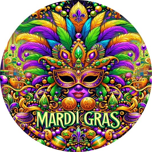 Mardi Gras Mask Wreath Sign, Colorful New Orleans Fat Tuesday Celebration Decorations, Purple Green Wall Decor, Metal Round Sign