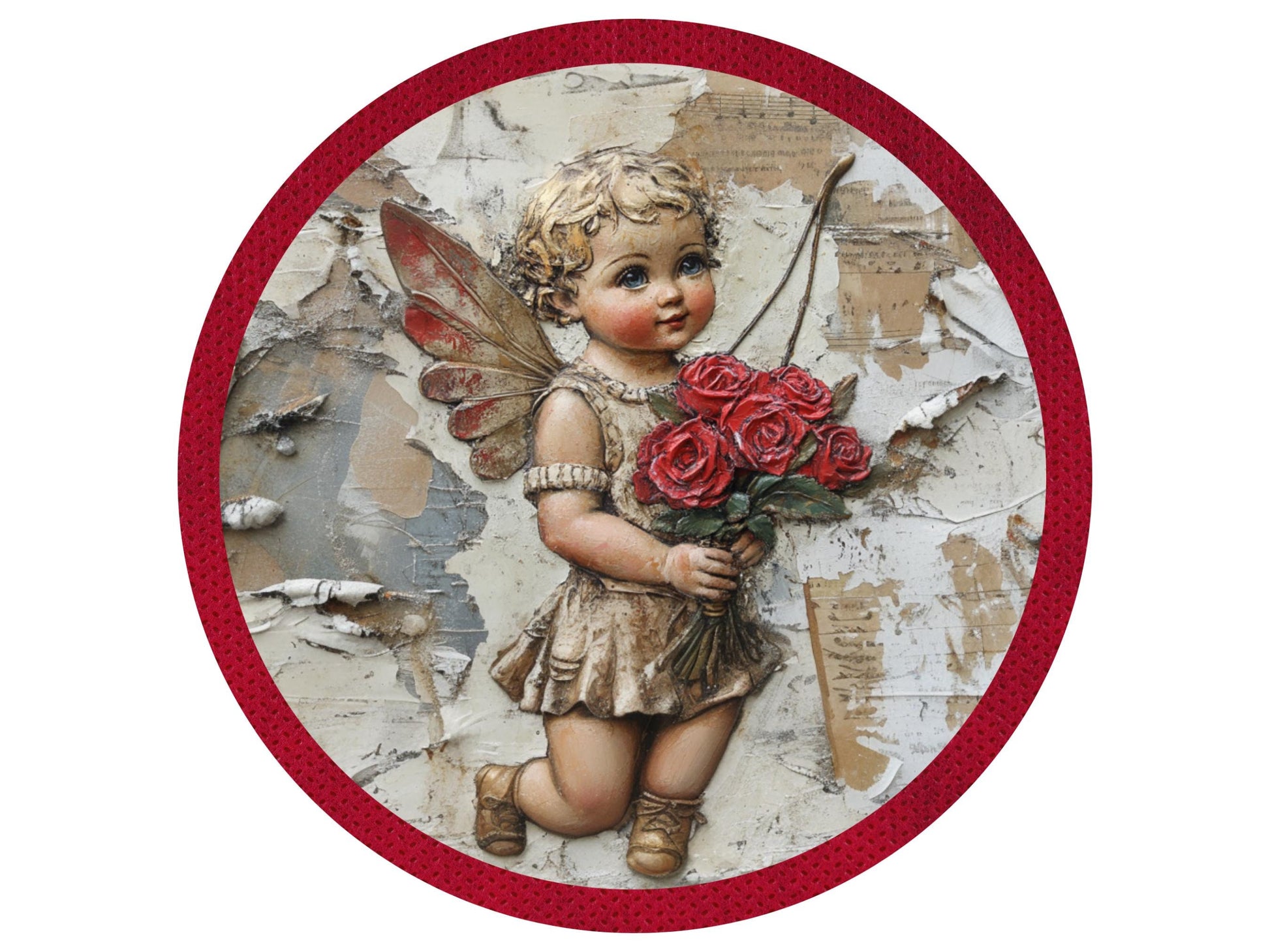 Valentine's Day Cupid with Red Roses Round Metal Wreath Sign, Sign for DIY Crafting, Snowy Winter Valentine Decoration, Angelic