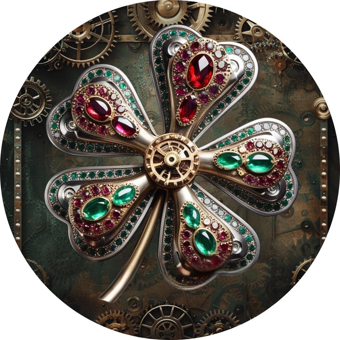 Steampunk St Patrick's day wreath sign, Jeweled Shamrock with Gears Wreath Center, Victorian Irish Clover Outdoor Metal Sign