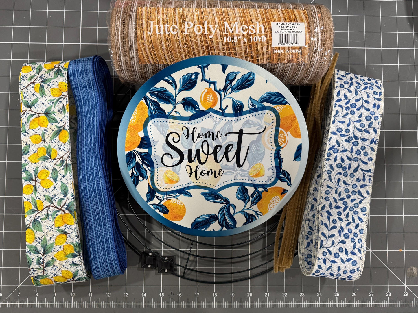 Lemon and Chinoiserie Wreath Kit, mesh diy wreath kit, Blue Yellow lemon sign & ribbon kit, make your own wreath, Home Sweet Home Craft Kit