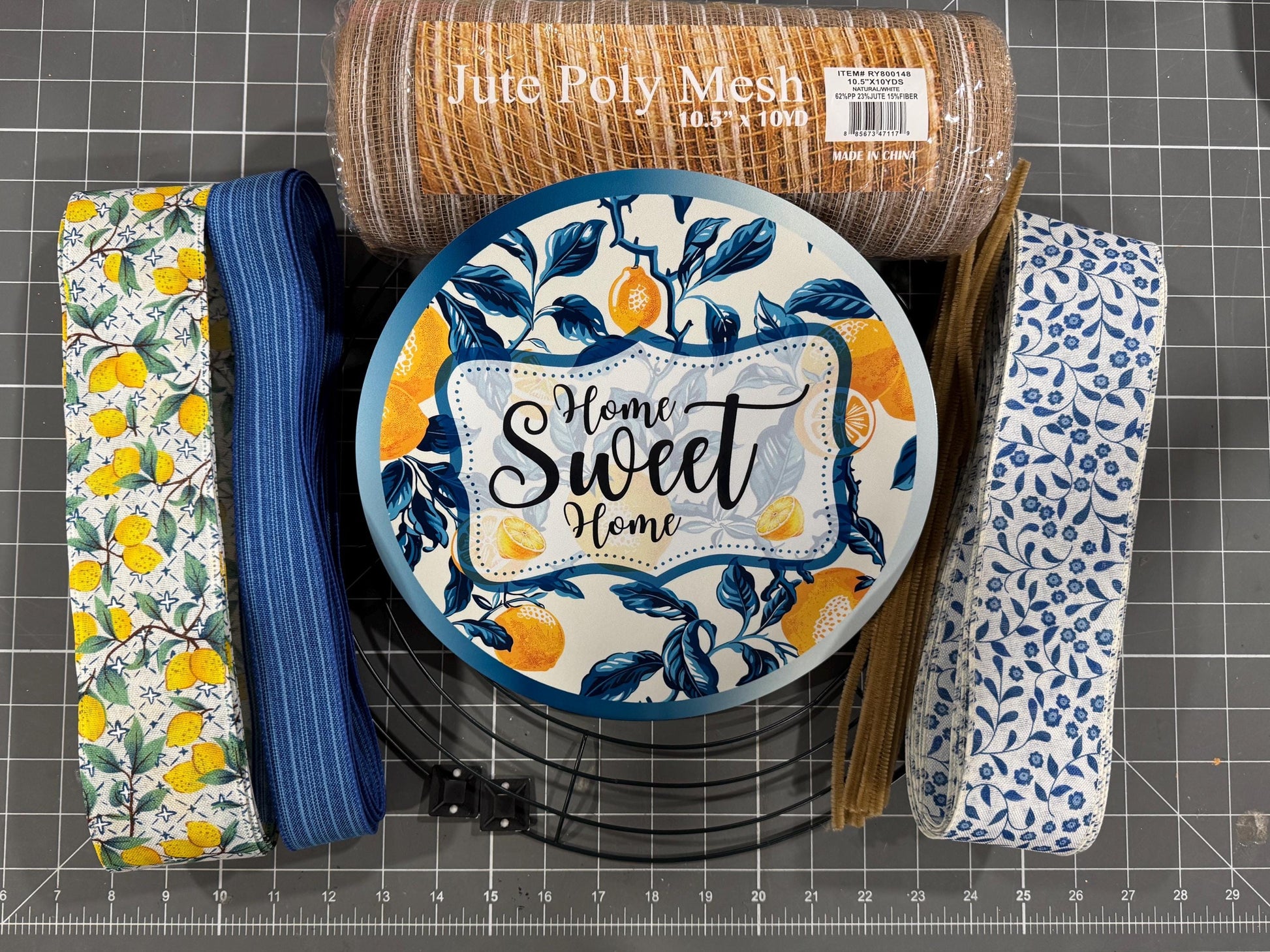 Lemon and Chinoiserie Wreath Kit, mesh diy wreath kit, Blue Yellow lemon sign & ribbon kit, make your own wreath, Home Sweet Home Craft Kit