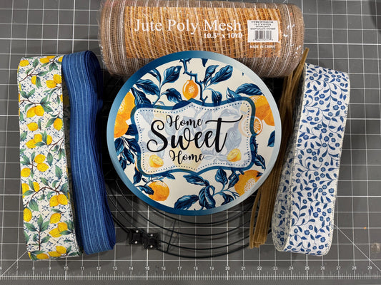 Lemon and Chinoiserie Wreath Kit, mesh diy wreath kit, Blue Yellow lemon sign & ribbon kit, make your own wreath, Home Sweet Home Craft Kit