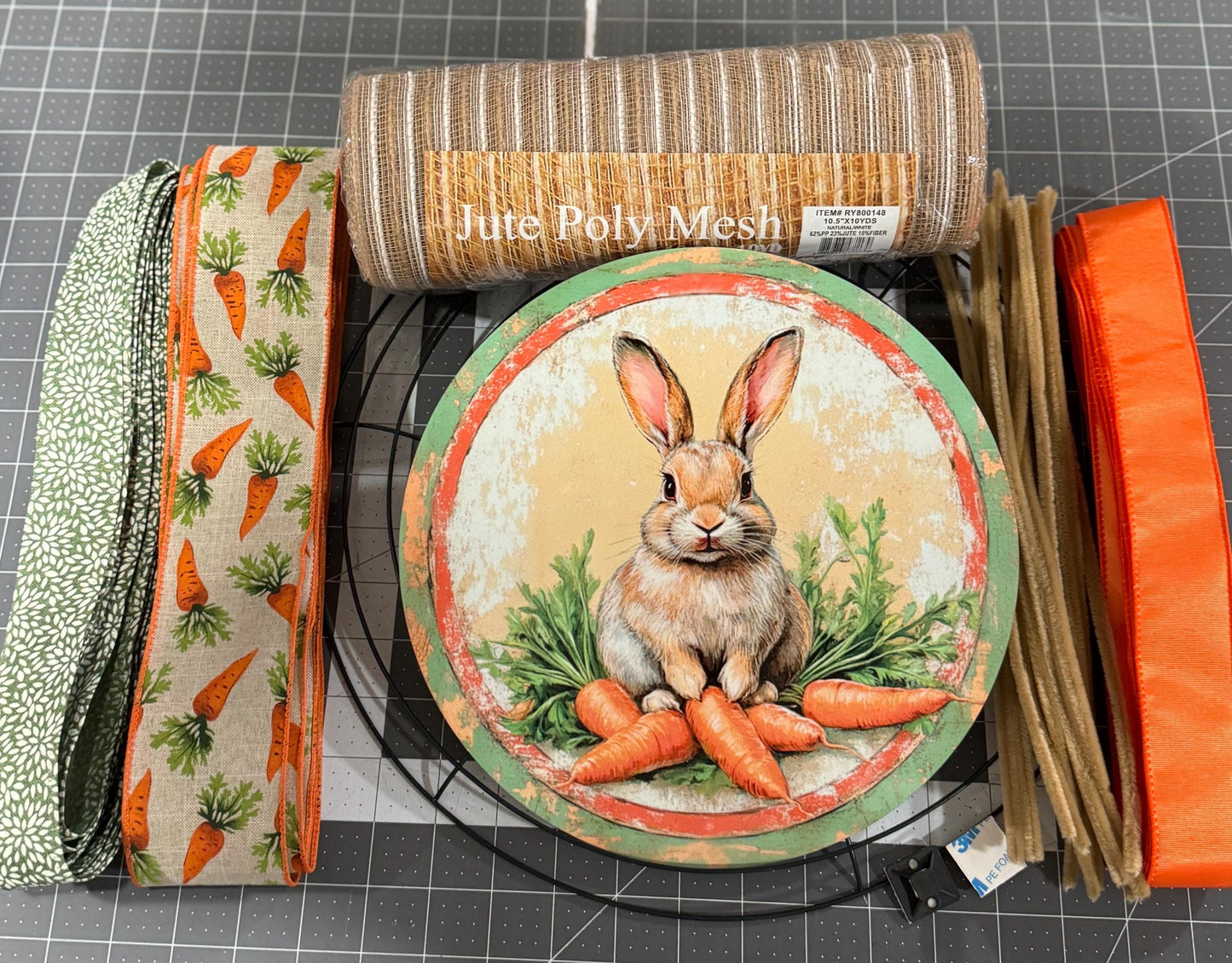 Spring Bunny wreath kit, mesh diy wreath kit, Easter Bunny and Carrots Sign with ribbon kit,make your own wreath, craft supplies for wreath