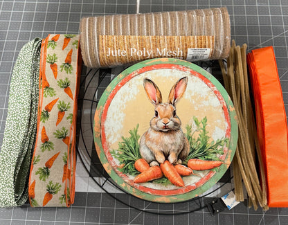 Spring Bunny wreath kit, mesh diy wreath kit, Easter Bunny and Carrots Sign with ribbon kit,make your own wreath, craft supplies for wreath