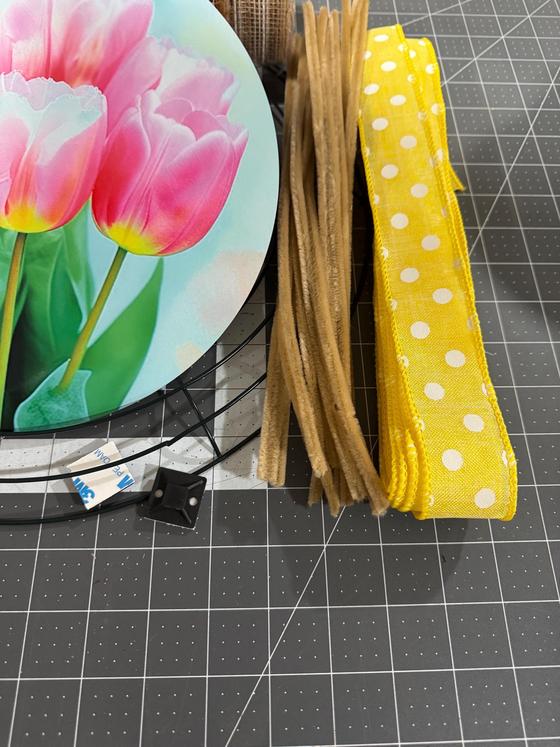 Spring Tulip Welcome Wreath Kit, mesh diy wreath kit, Pink Yellow tulips sign & ribbon kit, make your own wreath, craft supplies for wreath