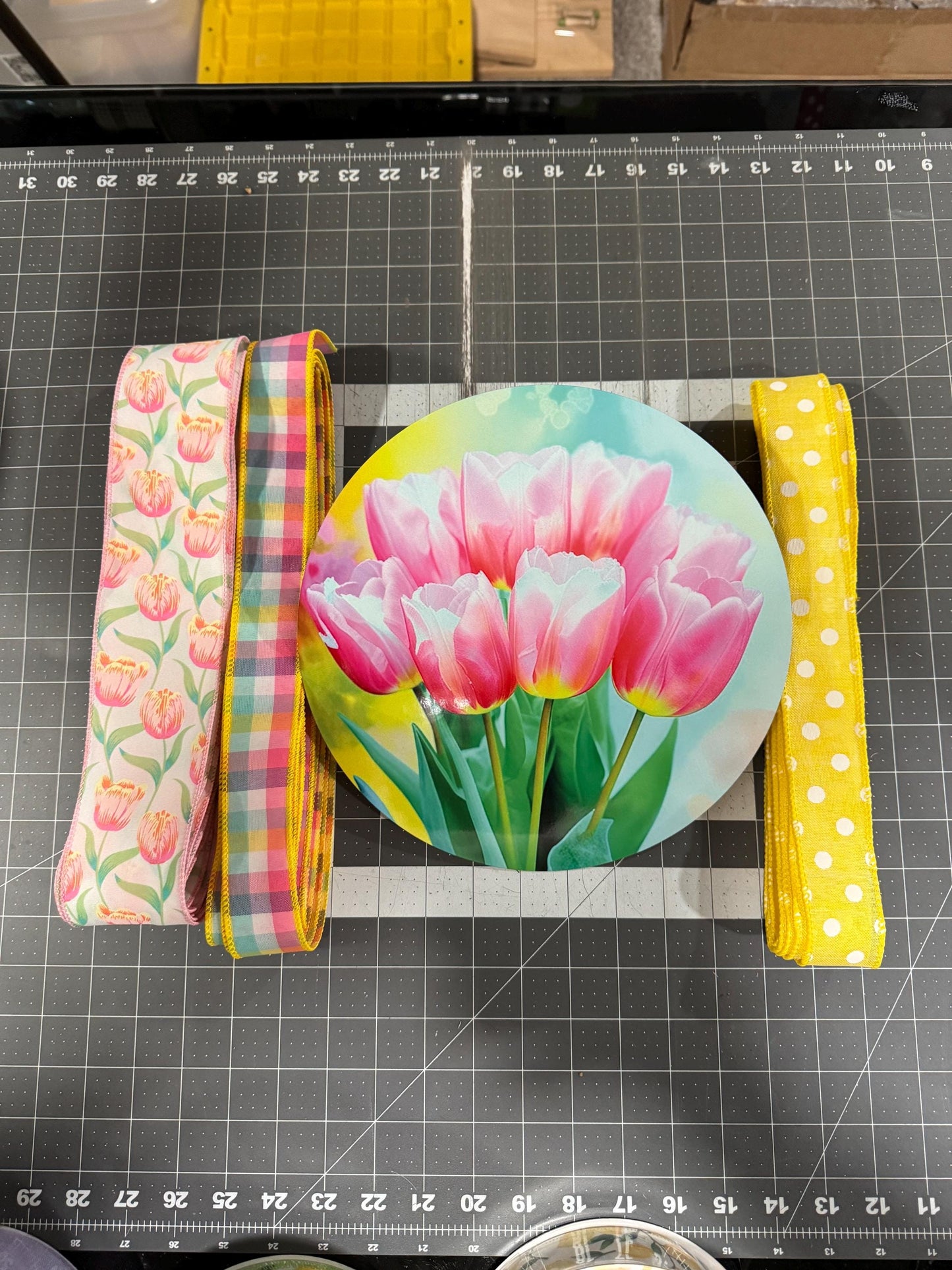 Spring Tulip Welcome Wreath Kit, mesh diy wreath kit, Pink Yellow tulips sign & ribbon kit, make your own wreath, craft supplies for wreath