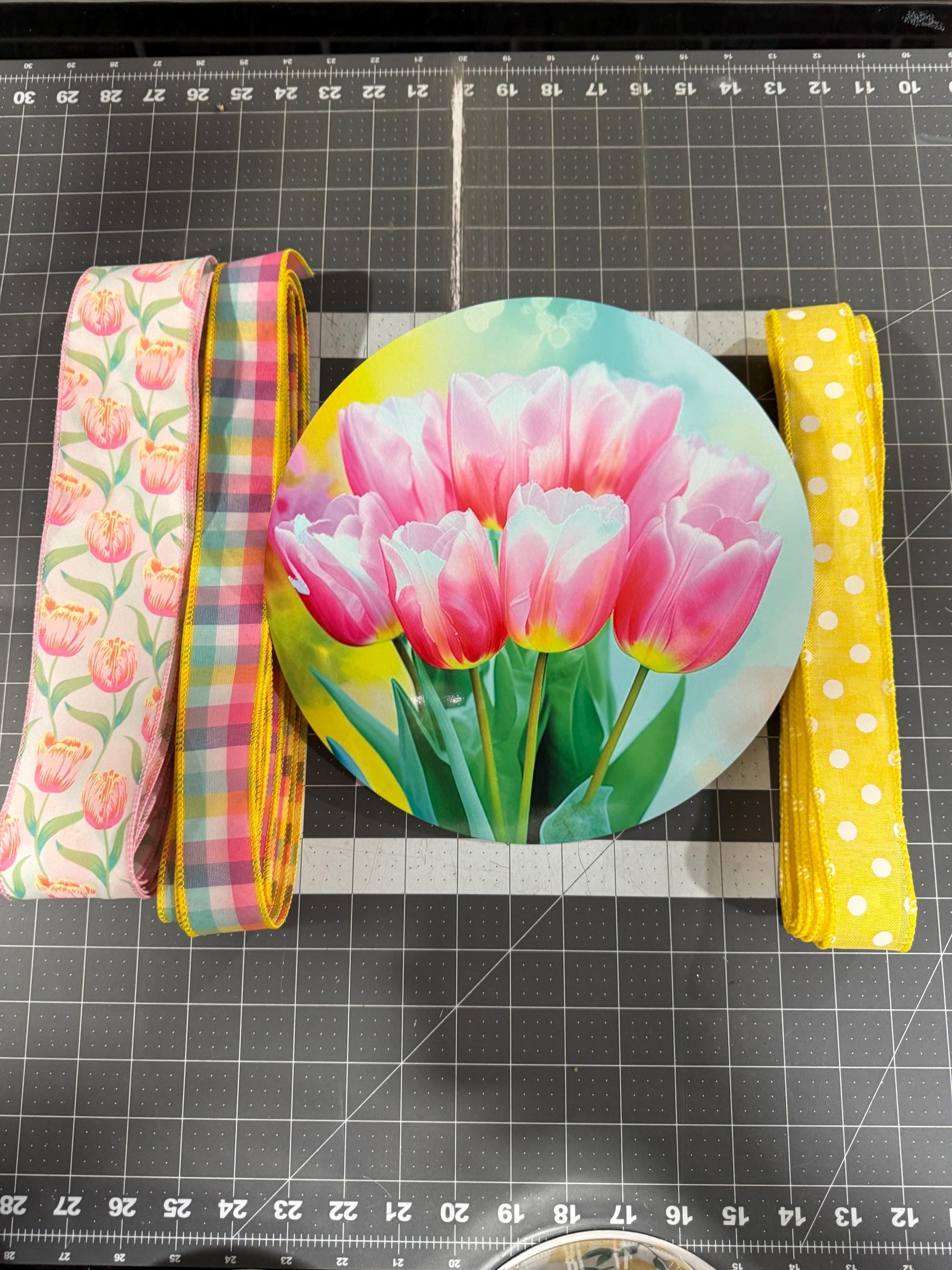 Spring Tulip Welcome Wreath Kit, mesh diy wreath kit, Pink Yellow tulips sign & ribbon kit, make your own wreath, craft supplies for wreath