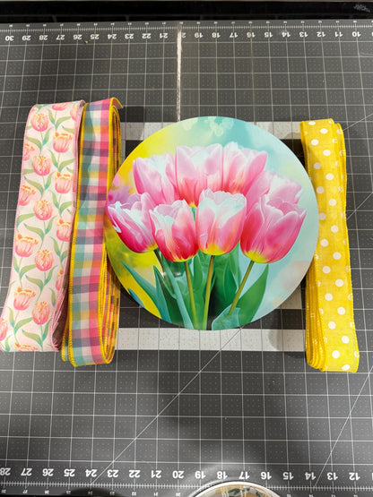 Spring Tulip Welcome Wreath Kit, mesh diy wreath kit, Pink Yellow tulips sign & ribbon kit, make your own wreath, craft supplies for wreath