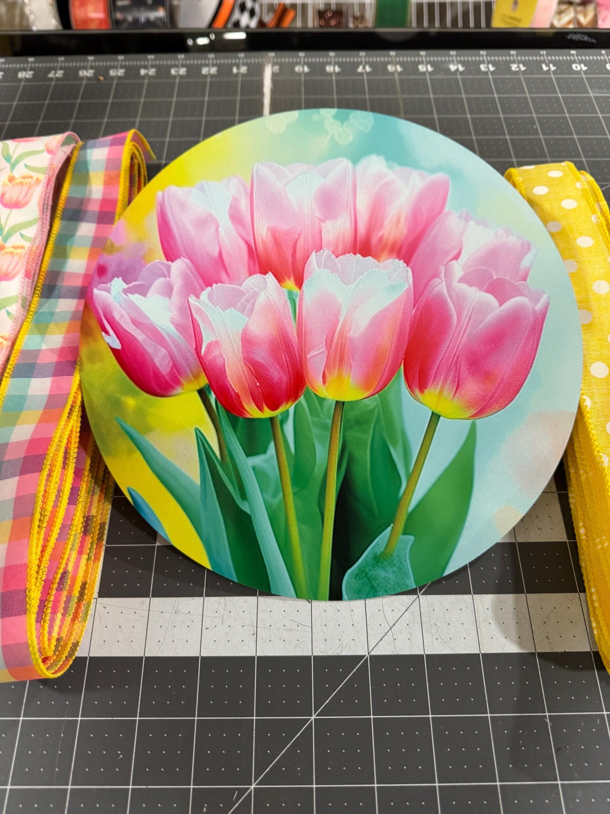 Spring Tulip Welcome Wreath Kit, mesh diy wreath kit, Pink Yellow tulips sign & ribbon kit, make your own wreath, craft supplies for wreath