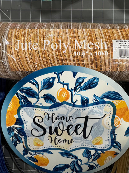 Lemon and Chinoiserie Wreath Kit, mesh diy wreath kit, Blue Yellow lemon sign & ribbon kit, make your own wreath, Home Sweet Home Craft Kit