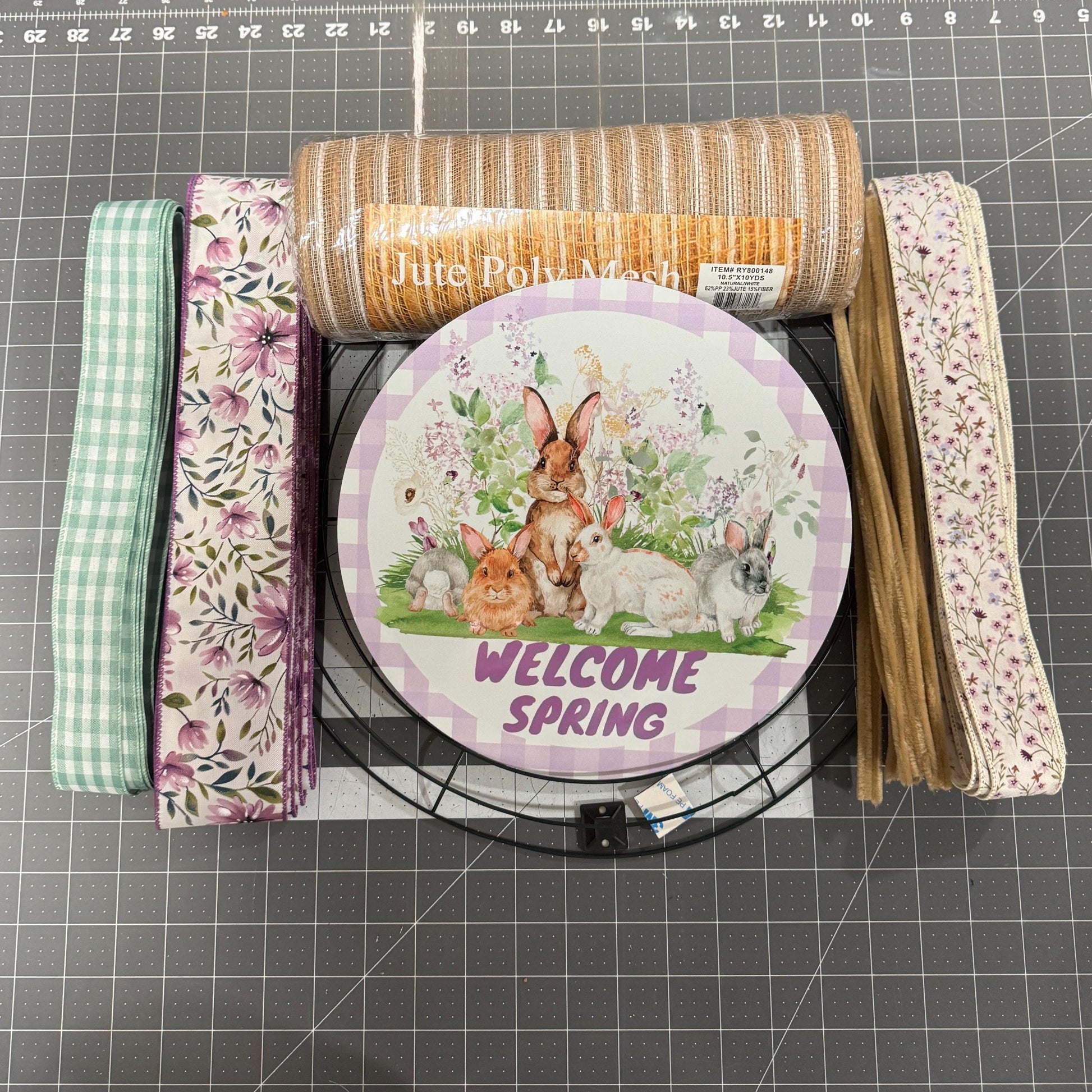 Spring Bunnies welcome Spring wreath kit, mesh diy wreath, Easter purple Sign & ribbon kit,make your own wreath, craft supplies for wreath