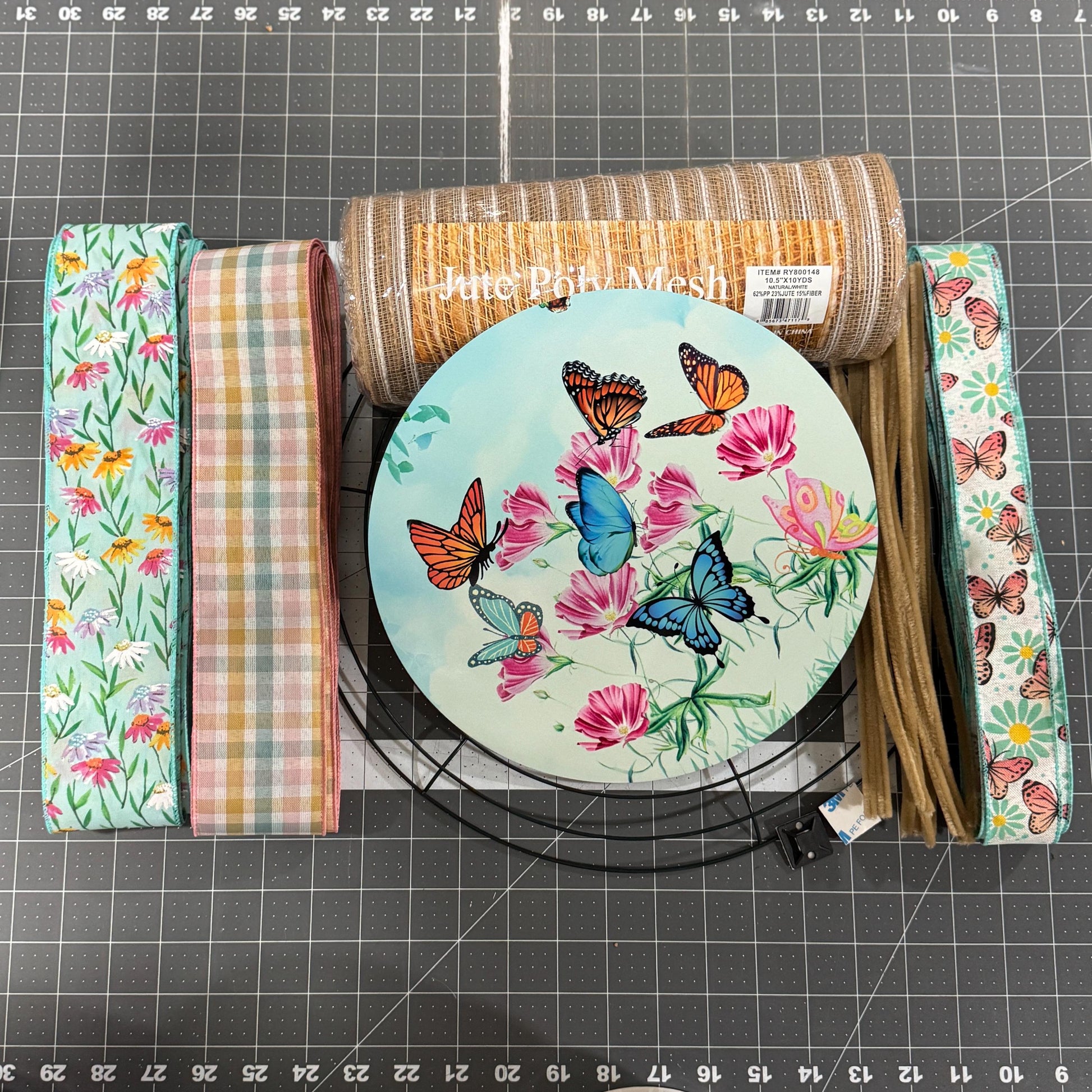 Spring Tulip Welcome Wreath Kit, mesh diy wreath kit, Pink Yellow tulips sign & ribbon kit, make your own wreath, craft supplies for wreath