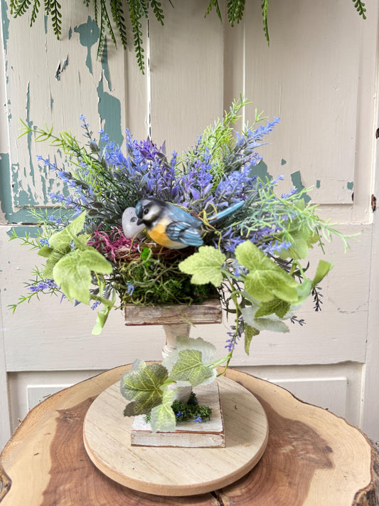Upcycled Rustic Spring Birdhouse Shelf Sitter, Primitive Spring Tiered Tray Decor, Cottagecore Birdhouse Decor, Indoor Garden Arrangement