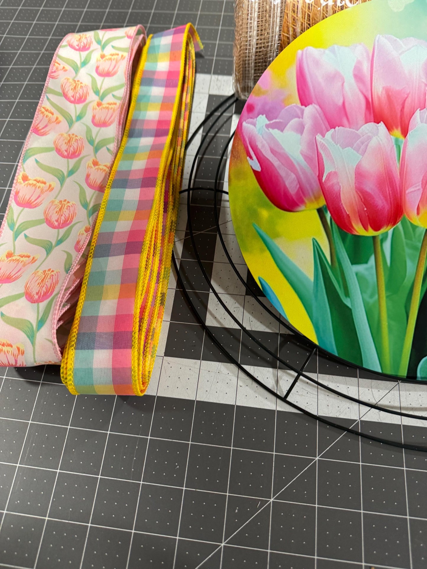 Spring Tulip Welcome Wreath Kit, mesh diy wreath kit, Pink Yellow tulips sign & ribbon kit, make your own wreath, craft supplies for wreath