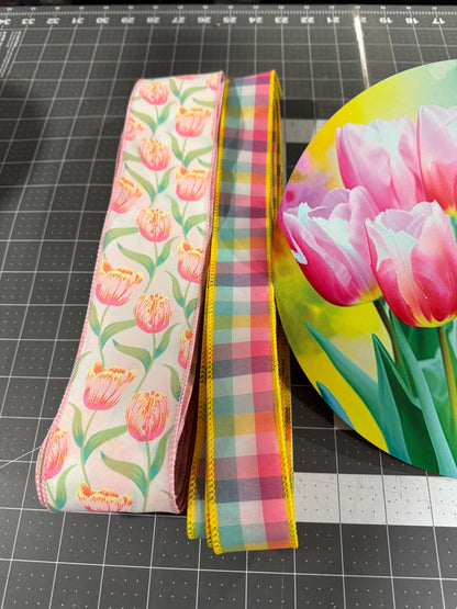 Spring Tulip Welcome Wreath Kit, mesh diy wreath kit, Pink Yellow tulips sign & ribbon kit, make your own wreath, craft supplies for wreath