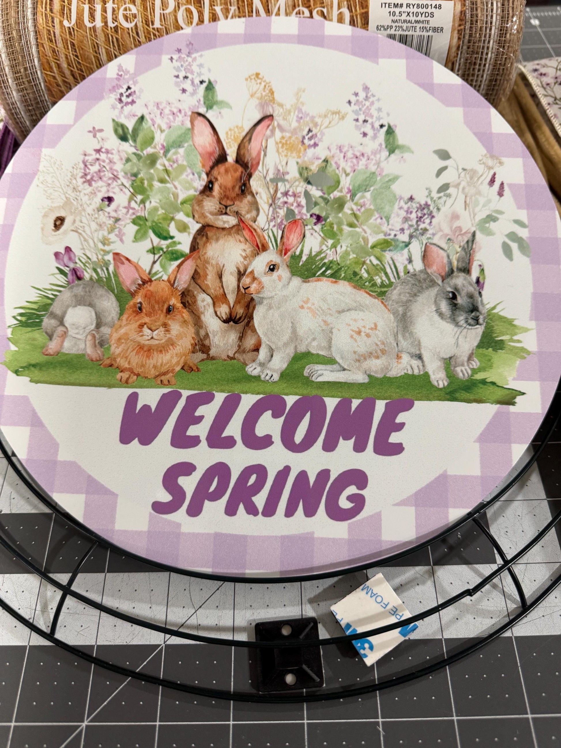 Spring Bunnies welcome Spring wreath kit, mesh diy wreath, Easter purple Sign & ribbon kit,make your own wreath, craft supplies for wreath