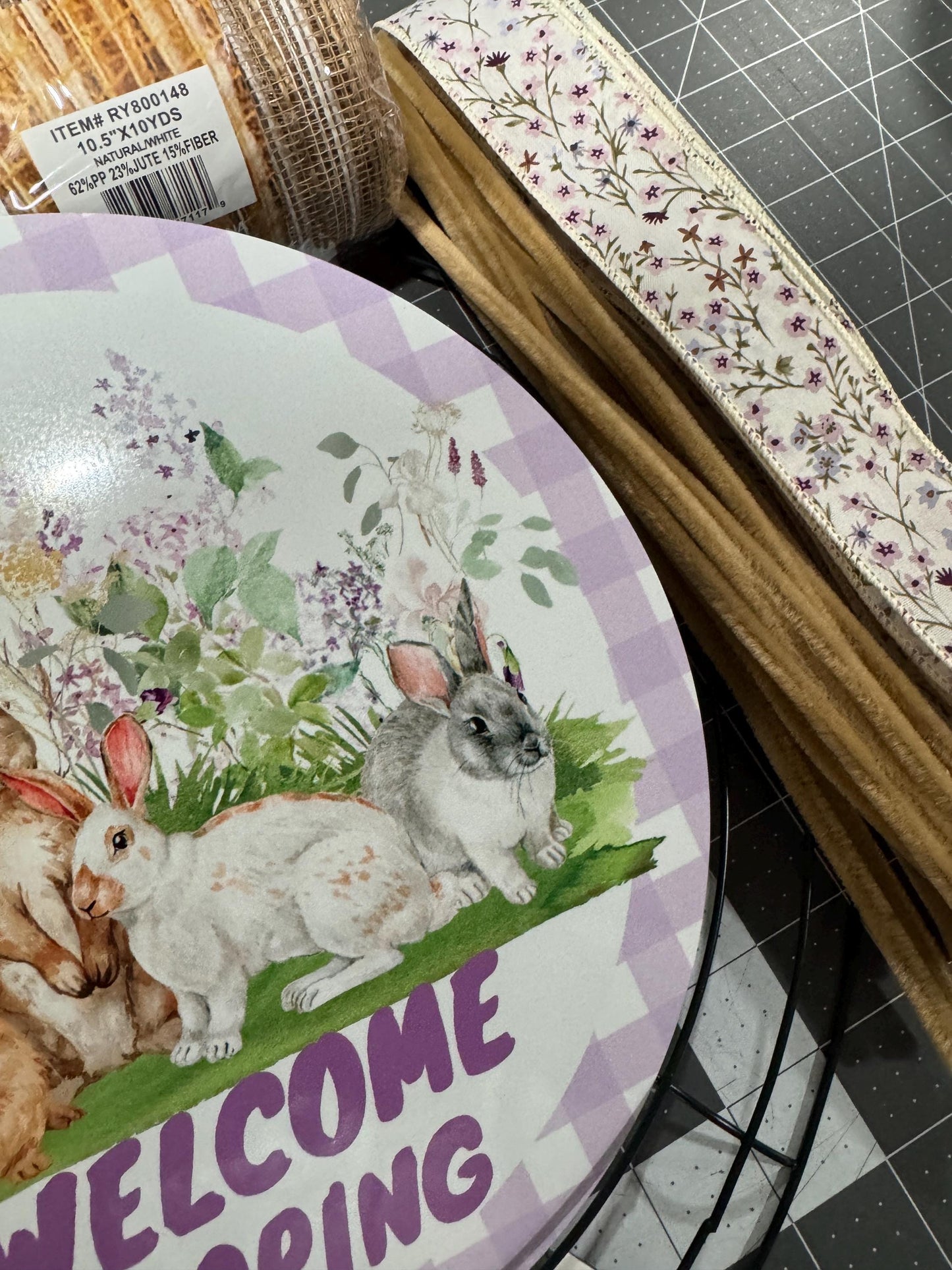 Spring Bunnies welcome Spring wreath kit, mesh diy wreath, Easter purple Sign & ribbon kit,make your own wreath, craft supplies for wreath