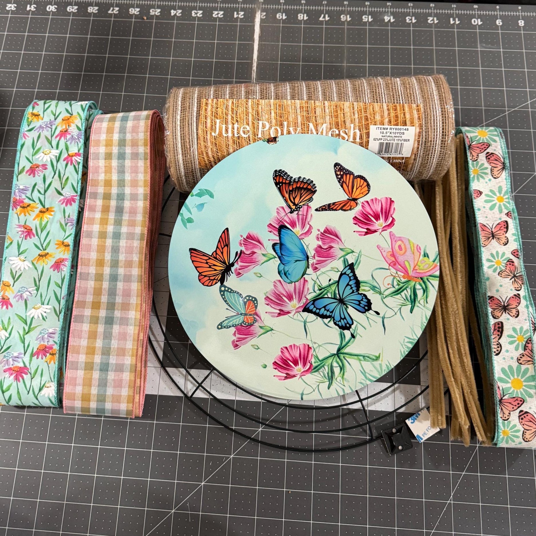 Spring butterfly and wildflower Welcome Wreath Kit, mesh diy wreath kit, Pink Yellow tulips sign & ribbon kit, make your own wreath, craft supplies for wreath