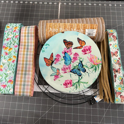 Spring butterfly and wildflower Welcome Wreath Kit, mesh diy wreath kit, Pink Yellow tulips sign & ribbon kit, make your own wreath, craft supplies for wreath