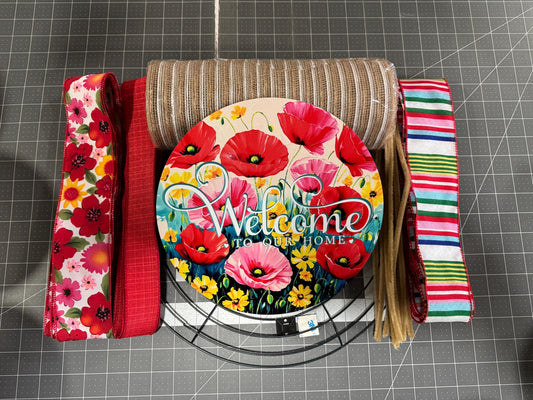 DIY Poppy Welcome Wreath Kit, Complete Mesh Wreath Kit with sign, ribbon and Instructions, make your own wreath, craft supplies for wreath