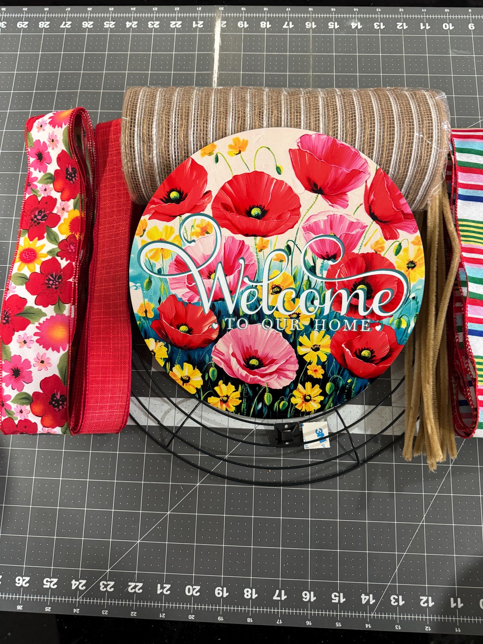DIY Poppy Welcome Wreath Kit, Complete Mesh Wreath Kit with sign, ribbon and Instructions, make your own wreath, craft supplies for wreath