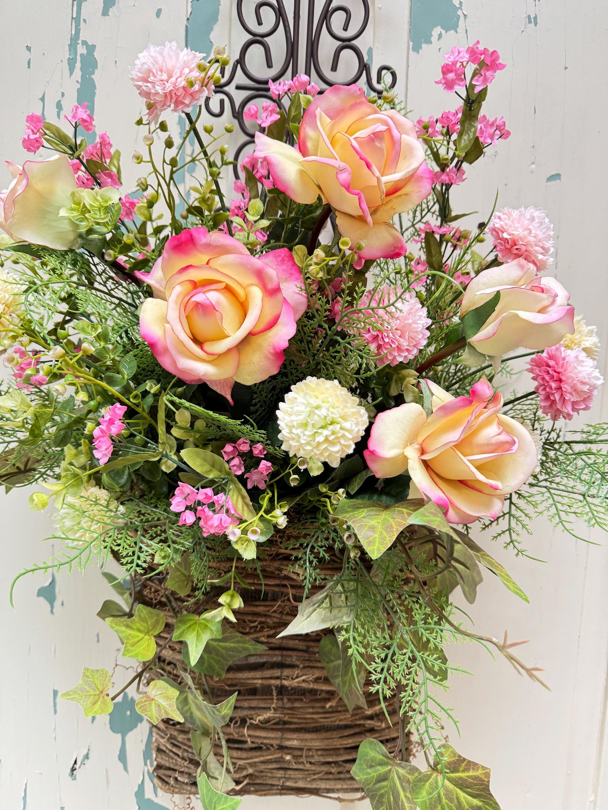 Pink Peony Hanging Door Basket Wreath