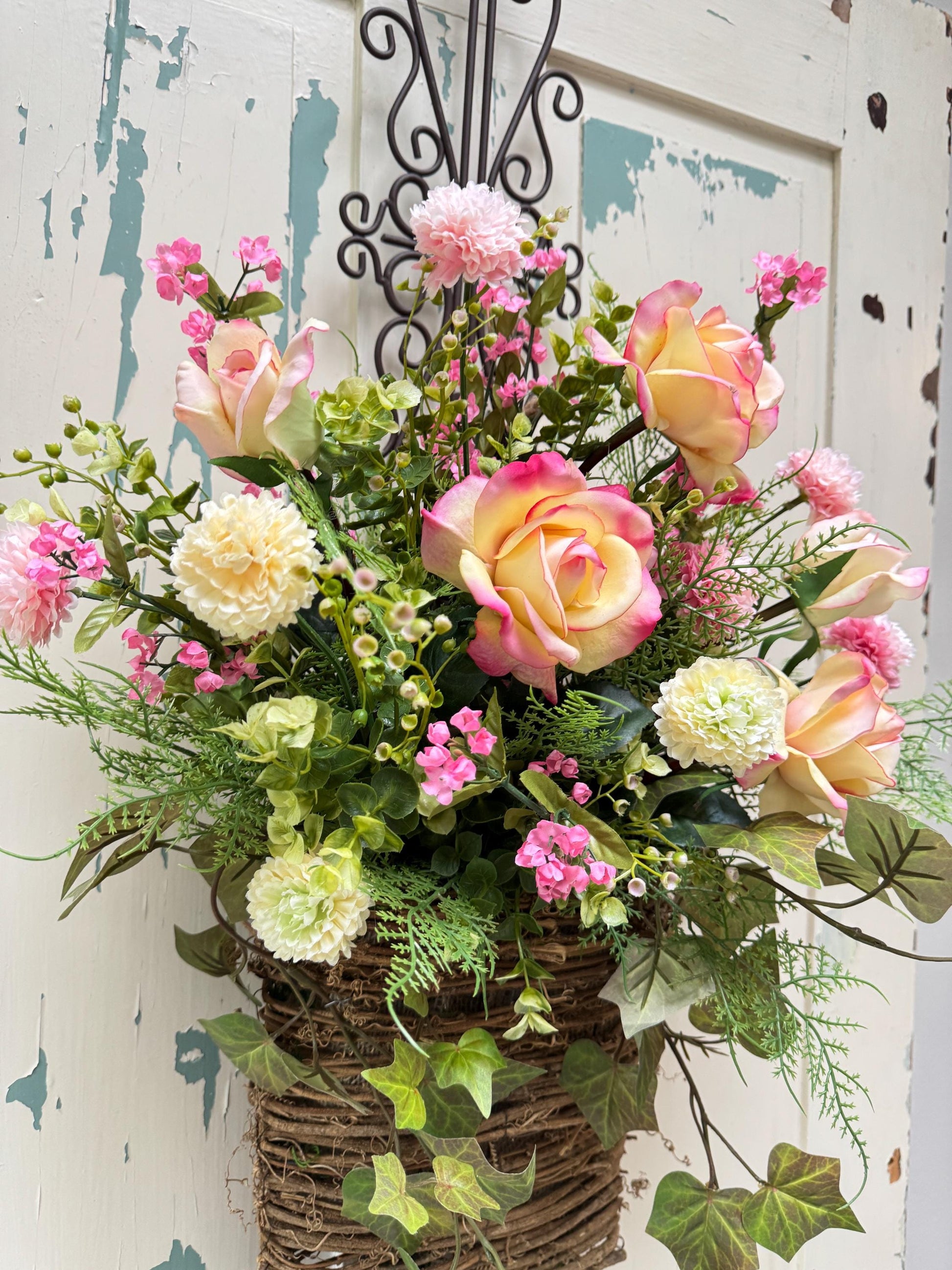 Pink Peony Hanging Door Basket Wreath