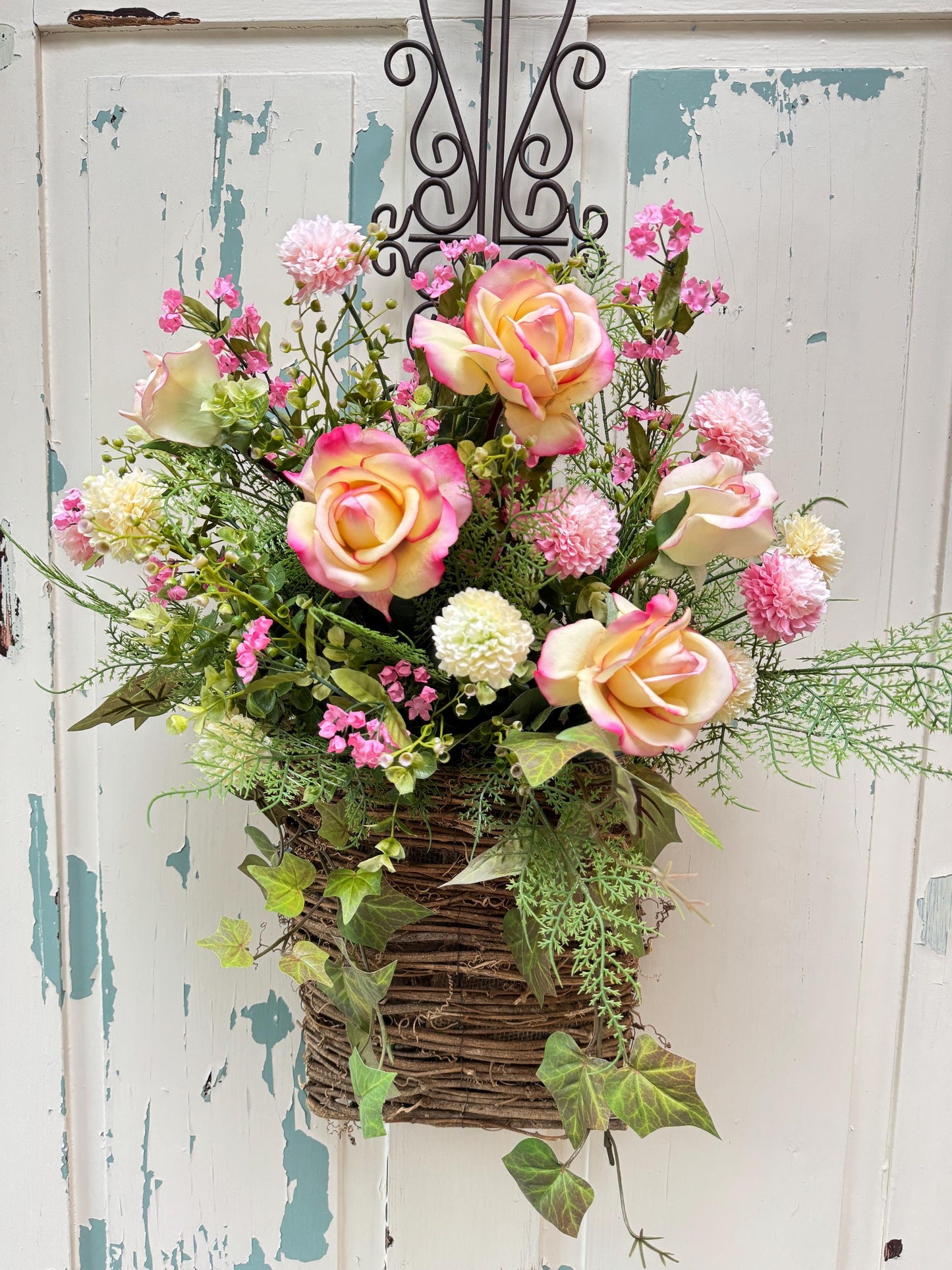 Pink Peony Hanging Door Basket Wreath