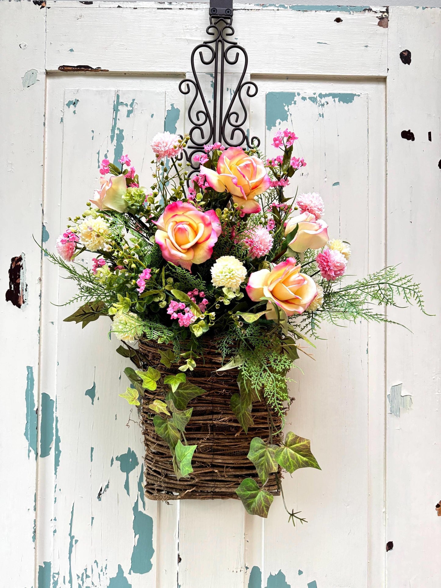 Pink Peony Hanging Door Basket Wreath
