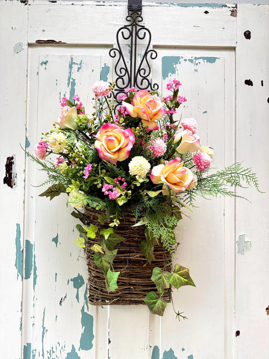 Pink Peony Hanging Door Basket Wreath