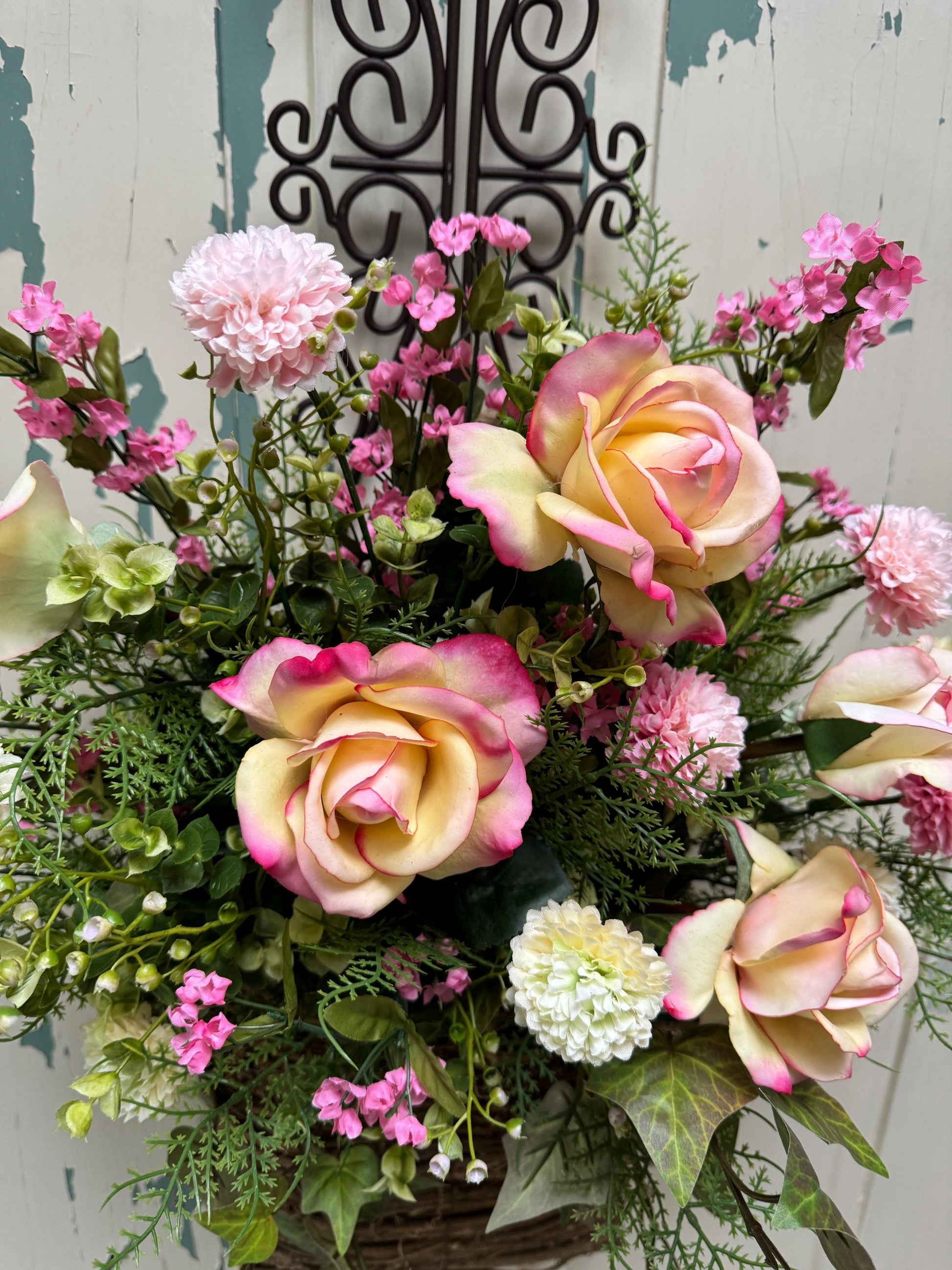 Pink Peony Hanging Door Basket Wreath