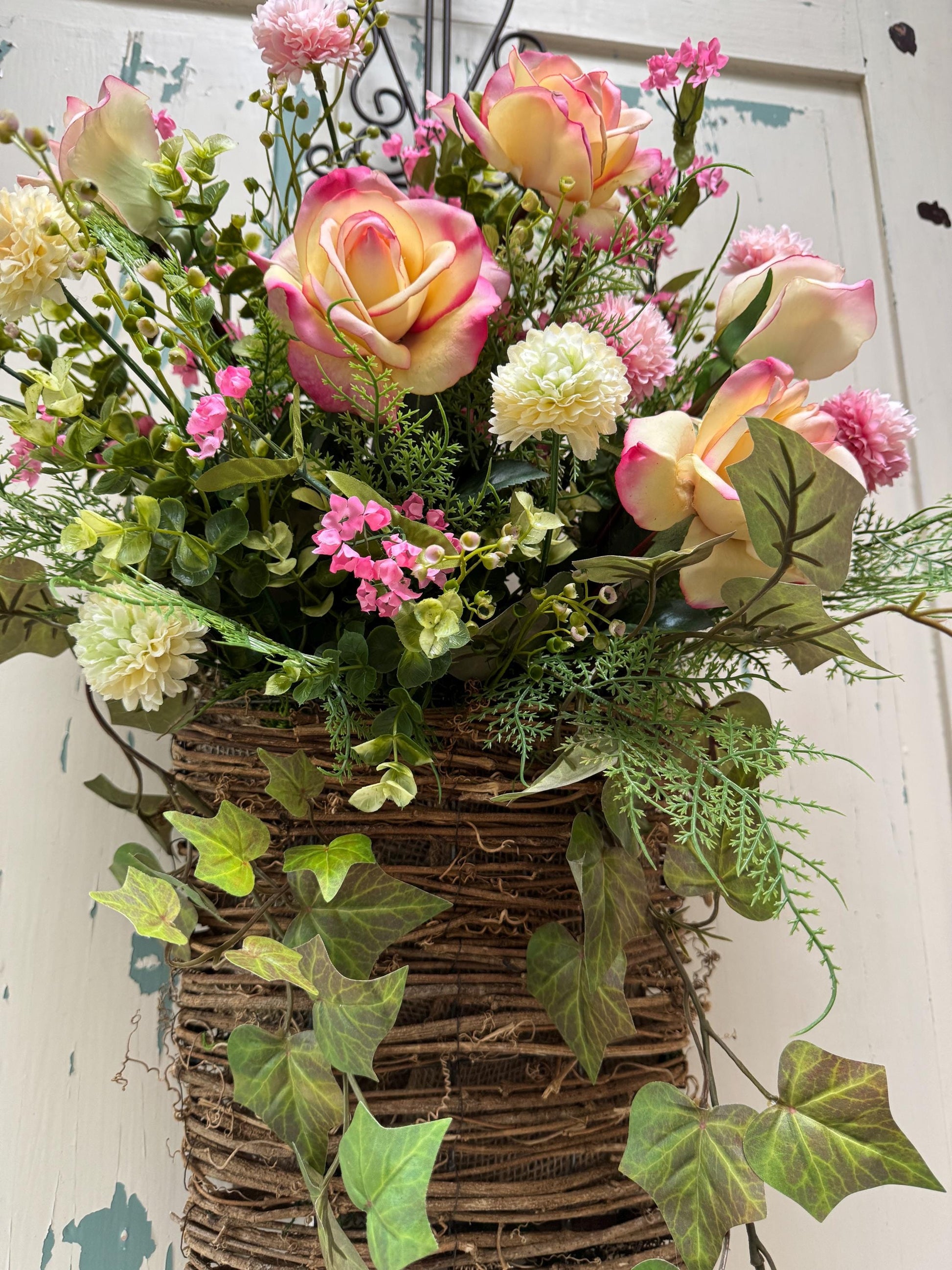 Pink Peony Hanging Door Basket Wreath