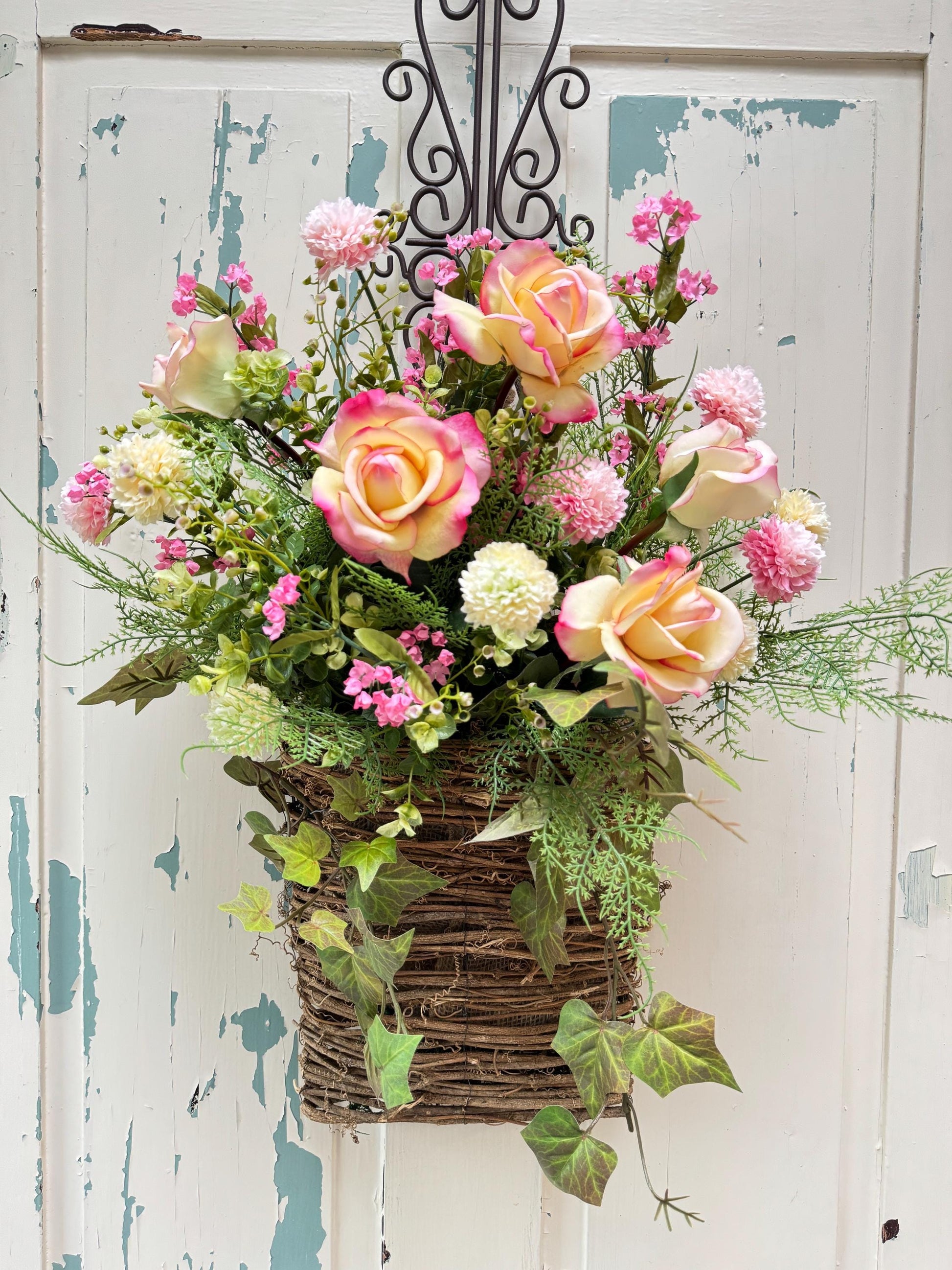 Pink Peony Hanging Door Basket Wreath